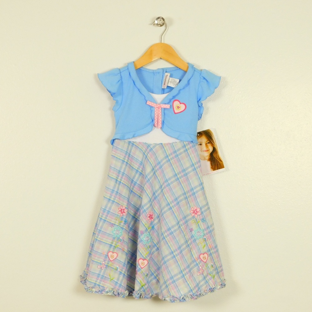 Youngland Girls Size 5 Blue Shrug Plaid Fit and‎ Flare Dress Casual Spring NEW